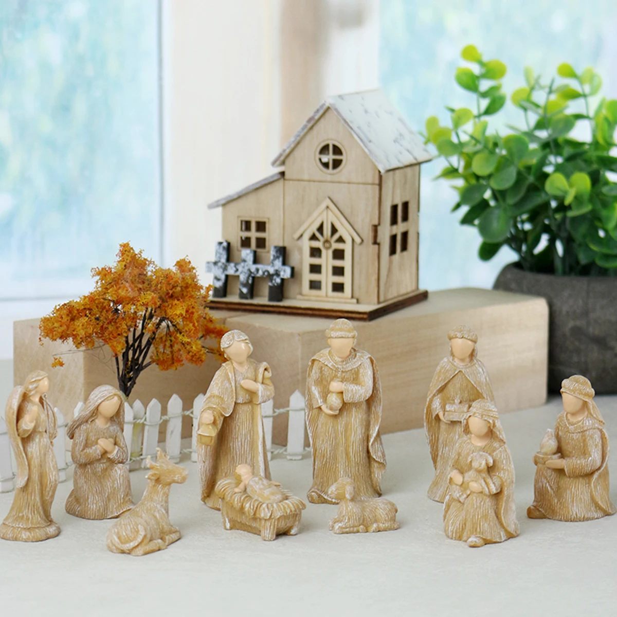10Pcs Christmas Nativity Scene Set, Rustic Resin Holy Family Figurines, Tabletop Christmas Religious Decor, Holiday Gift