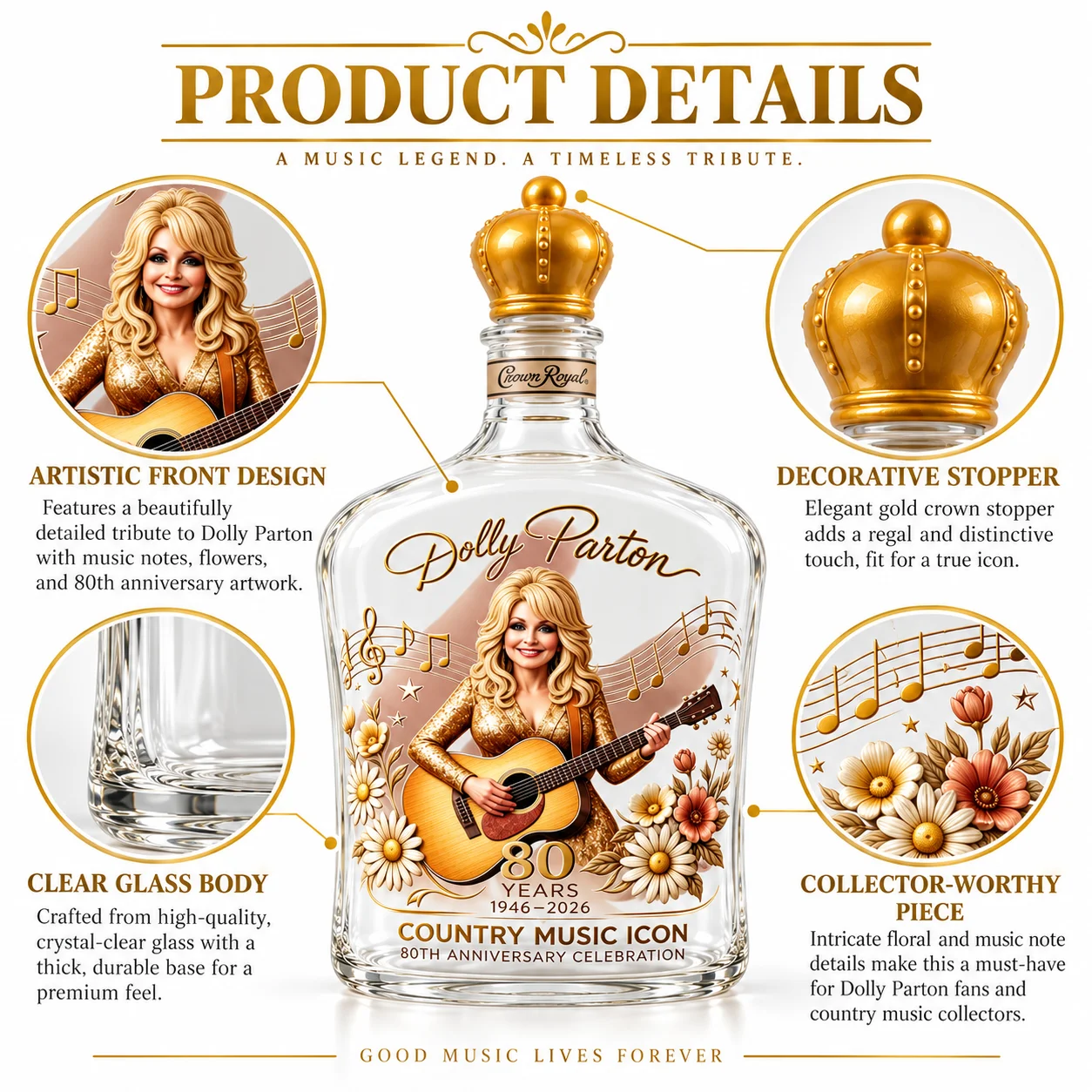 Country Music Icon Dolly Parton 80 Years Celebration Decorative Glass Bottle, Art Hand‑Painted Liquor Decanter Desktop Ornament