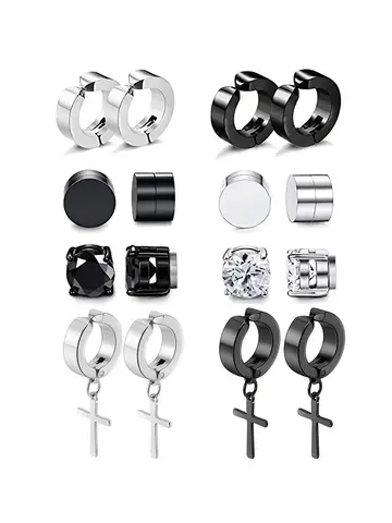 2Pcs Magnetic Ear Clip Set Men and Women Stainless Steel Ring Cross Non-Perforated Fake Gauge Earrings Jewelry Gift