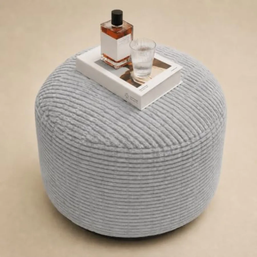 Round Stuffed Pouf Ottoman, Feet Stool Ottoman, Corduroy Poufs with Foam Chunk Filling, Furry and Fluffy Storage Ottomans, 20 X