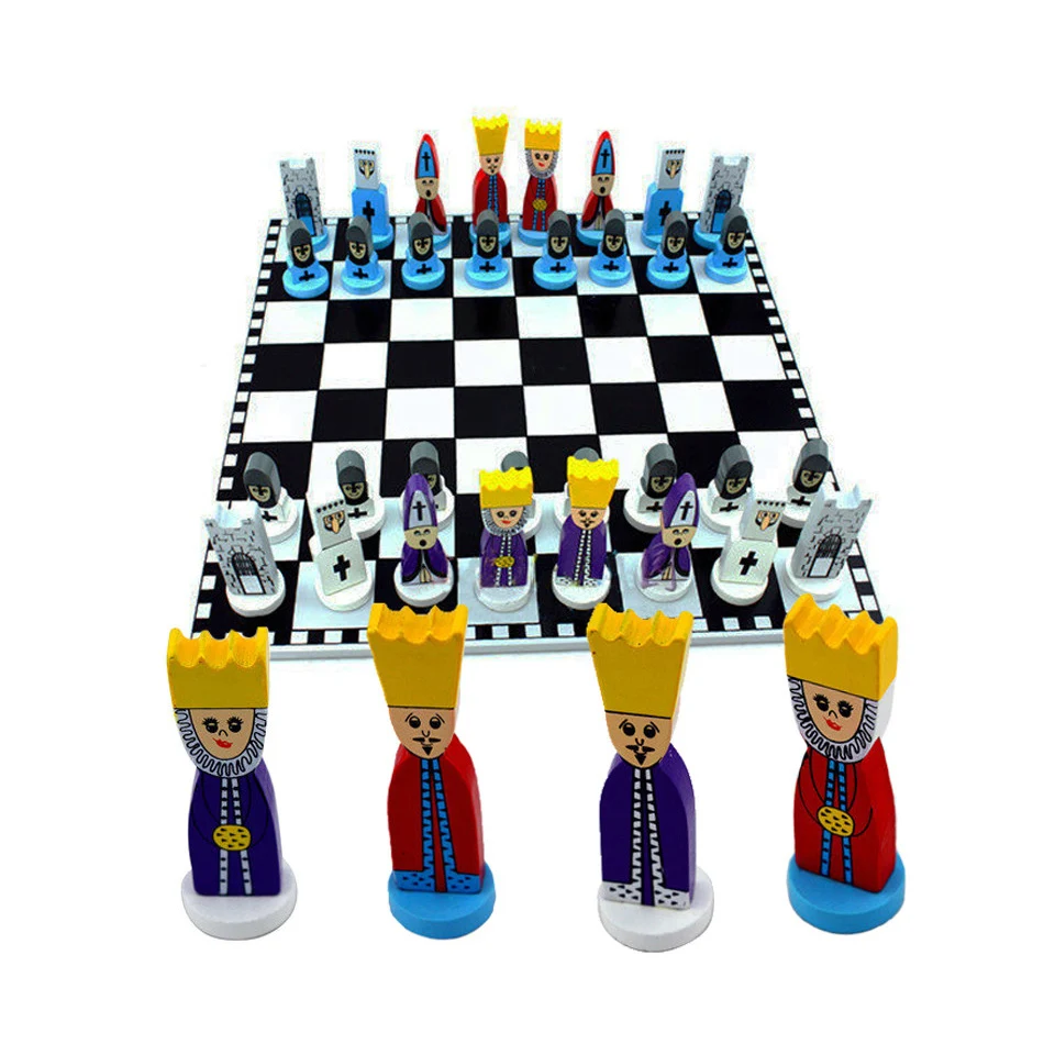 Wooden Chess Figures Set Cartoon Chessman Chess Game Foldable Chessboard Wooden Chess Pieces and Board for Kid's Toy or Gift