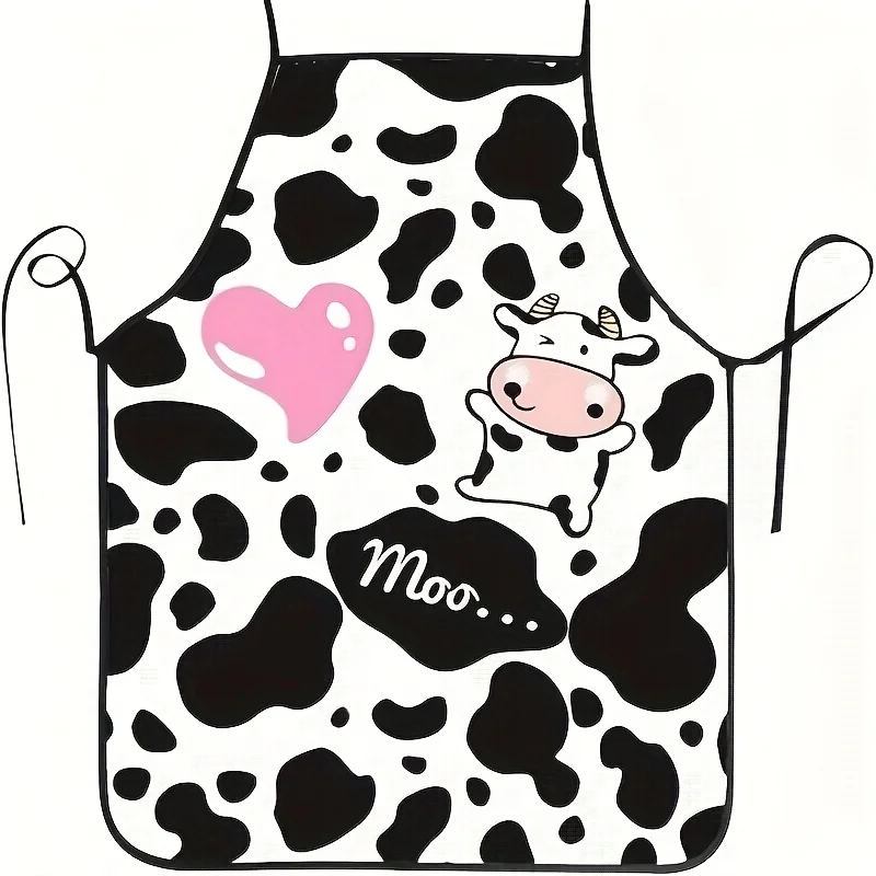 1pc Playful Cow Print Kitchen Apron, Durable Polyester, Ideal for Cooking, Baking, BBQ & Crafts, Smooth Fabric, No Lining