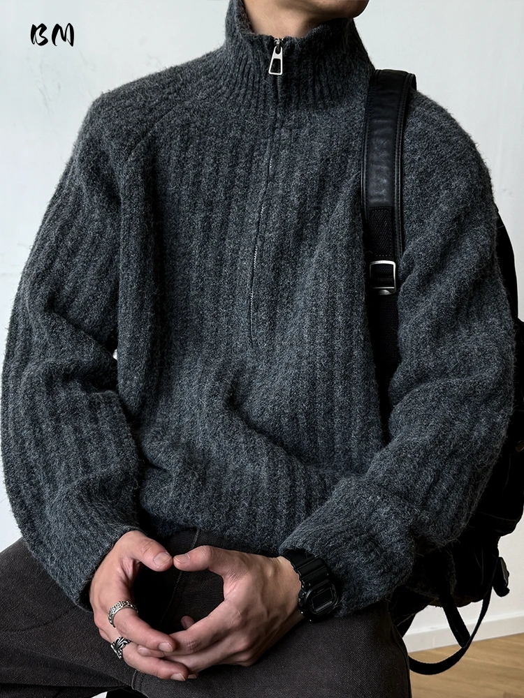 Maglione dolcevita con mezza zip in misto lana autunno inverno da uomo, tinta unita vintage, vestibilità rilassata, maglieria alla moda, pullover da uomo