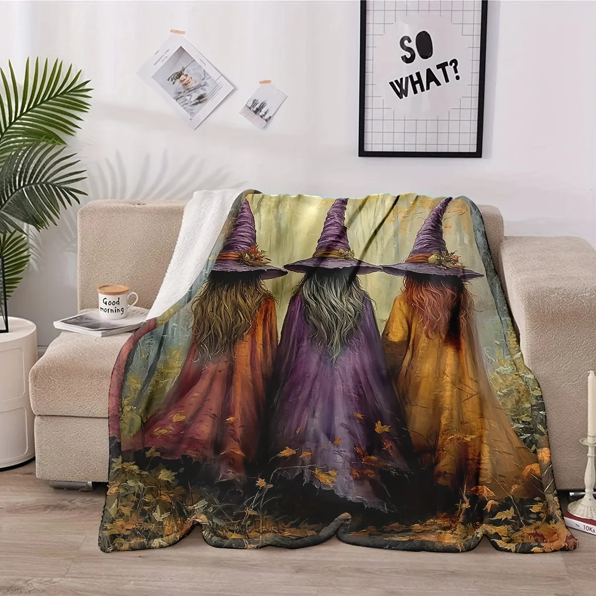 

Mystical Witches Blanket - Soft Home Throw for Room Decor, Unique Gift Idea, Three Sorceresses in Autumn Forest Design