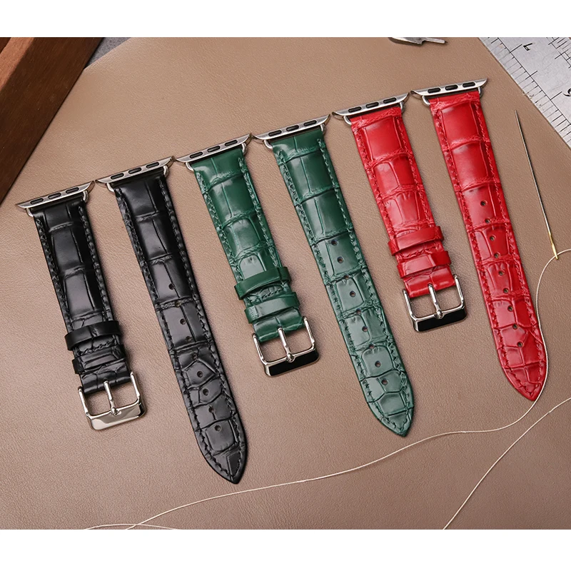 Hand sewn apple watch Seri es9 8 7 6 5 Apple Watch iwat chultra Leather Crocodile skin.   watchband 49mm 45mm 42mm 38mm