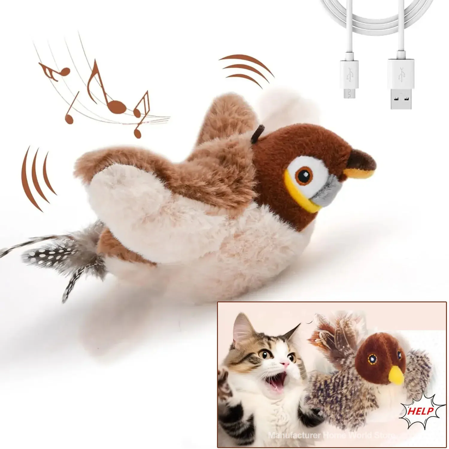 Interactive Cat Toys Rechargeable Chirping Flapping Bird with Catnip Indoor Dogs Cats Touch Activated Squeak Plush Pet Toy Gift