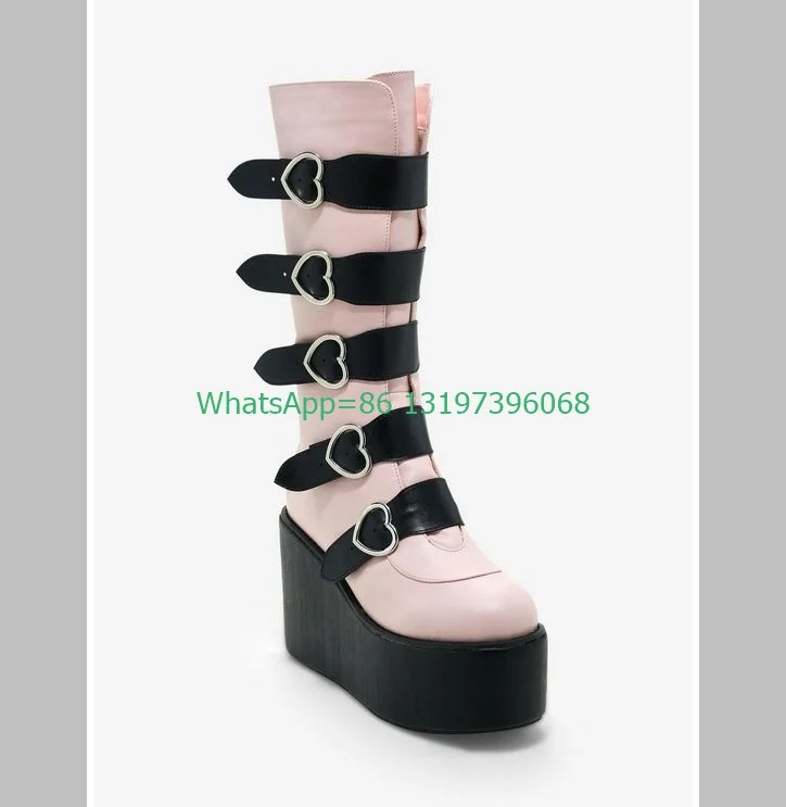 Lady Mary Janes pink platform knee boots muti-buckle strap wedges heel boots punk Y2K design boots gothic style boots footwear