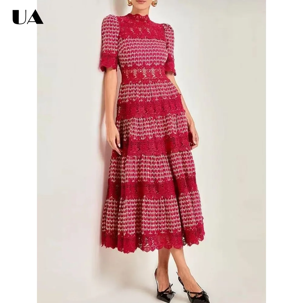 

French Patchwork Lace Hollow Out Dresses for Women Elegant A-line Half-high Neck Long Dress Fashionable Puff Sleeve Party Dress