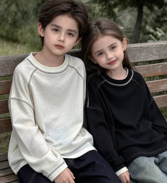 T-shirt 2026 Spring and Autumn New Children's Clothing Korean Style Boys and Girls Simple Foreign Style Bright Line Bottom Shirt
