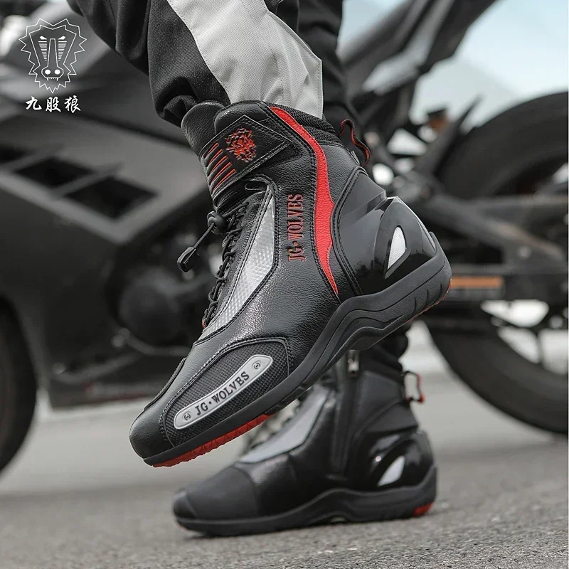 Men Motorcycle Boots Breathable Anti-fall Rider Road Racing Casual Shoes Boots Gear Shift Rubber Sole Reflective Motorbike Shoes
