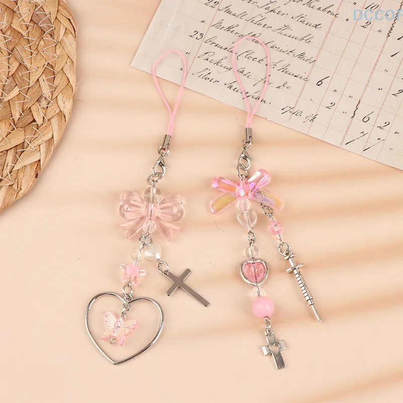 Sweet Cute Bow Heart Pendant Phone Chain Lanyard For Girls Y2K  Mobile Phone Straps Bags Hanging Decorations