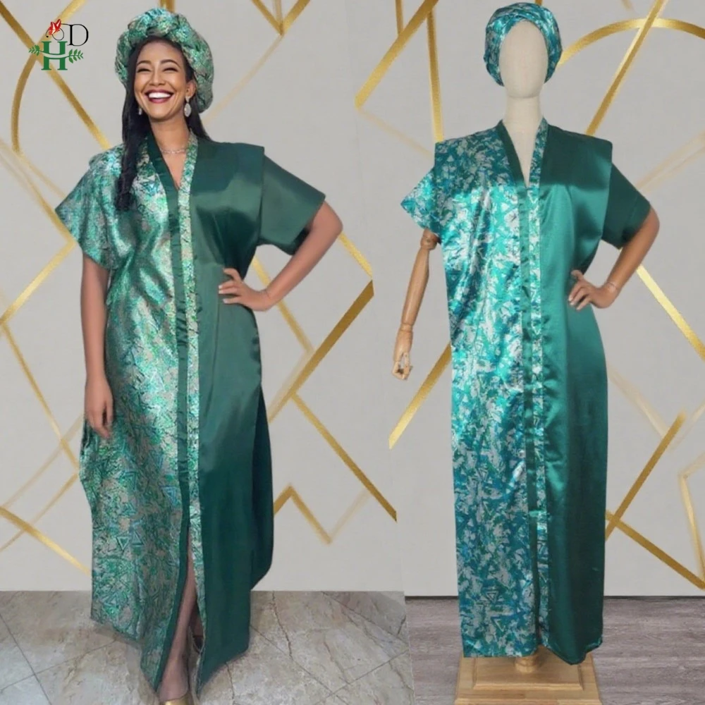

African Summer Printed Maxi Dress Women's Causal V Neck Short Sleeve Loose Fit Slit Green Patchwork Dress Party Long Dress Gown