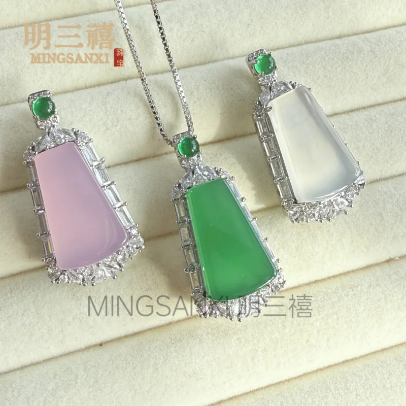 

Natural Jadeite Color Jade Pendant Yang Green High Ice Seed Full Green Chalcedony Wushi Brand Pendant Silver Plated Inlaid Neckl