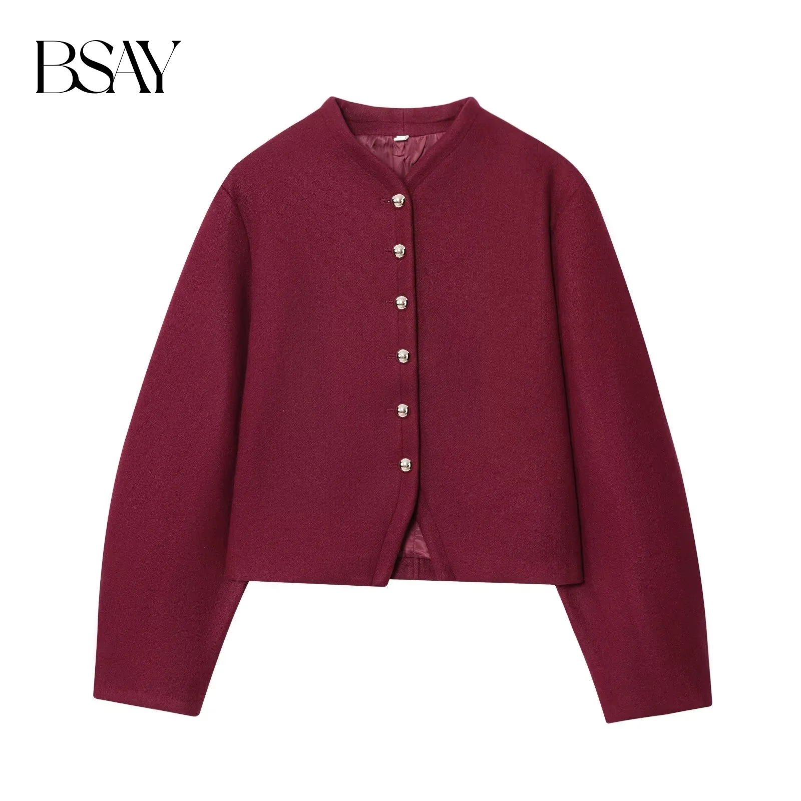 BSAY Mode Eenvoudige Effen Kleur 2025, Herfst Nieuw Product Knoopdecoratie Ronde Hals Commuter Jas Met Lange Mouwen