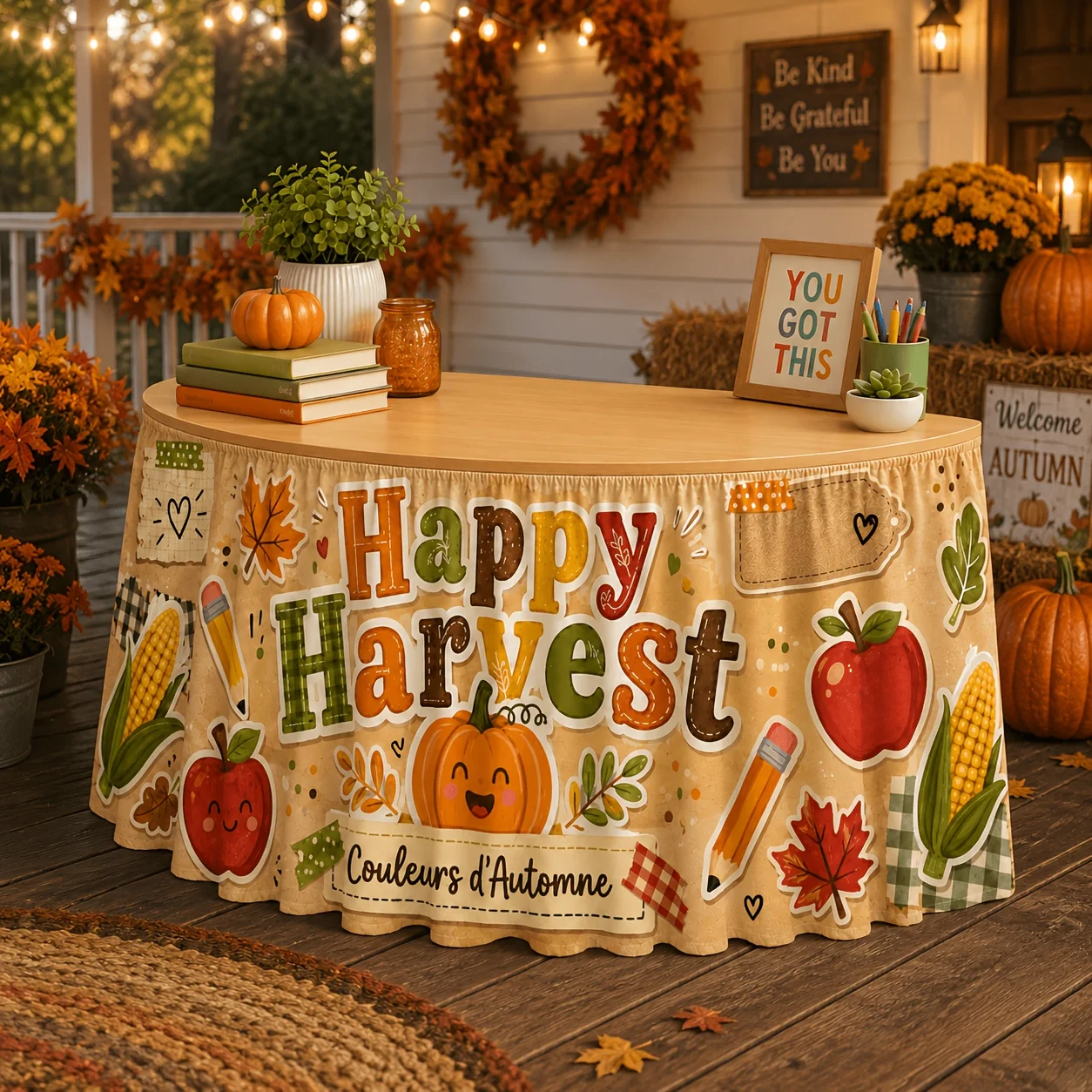 Party table skirt 1 piece Harvest joy Pumpkin and maple leaf decoration for classroom table skirtxzj