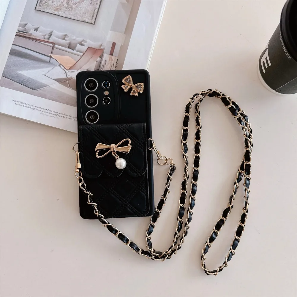 3D Bowknot Crossbody Card Holder Wallet Phone Case For Samsung Galaxy S25 Ultra S24 S23 S21 S20 FE S22+ Plus Note 20 Soft Cover