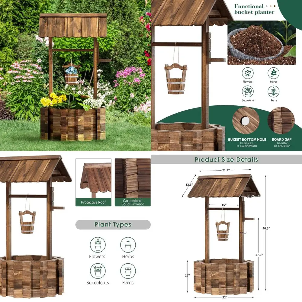 

Outdoor Rustic Wooden Hanging Bucket Wishing Well Planter for Garden Patio Decor, Brown, Perfect for Flowers and Plants