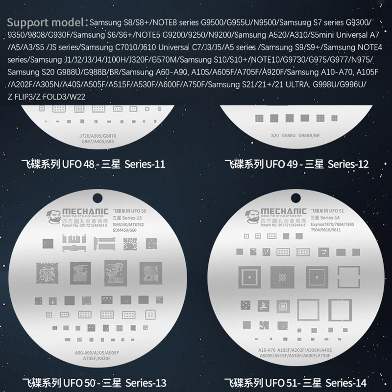 

15Pcs/set Mechanic BGA Reballing Stencil for Samsung S8/Note8/S7/S6/Note5/S10/A60/A90/S21/Note10/A3/S5/JS/C7/S9/J3/J5/Note10/S20