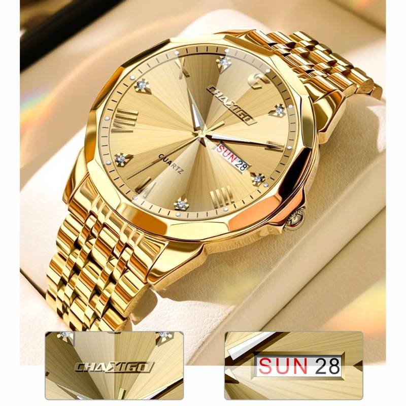 

CHAXIGO 7367, мужские часы, водонепроницаемые кварцевые светящиеся украшения, часы из сплава, неделя, автоматические часы со стальным ремнем и датой для мужчин, Reloj