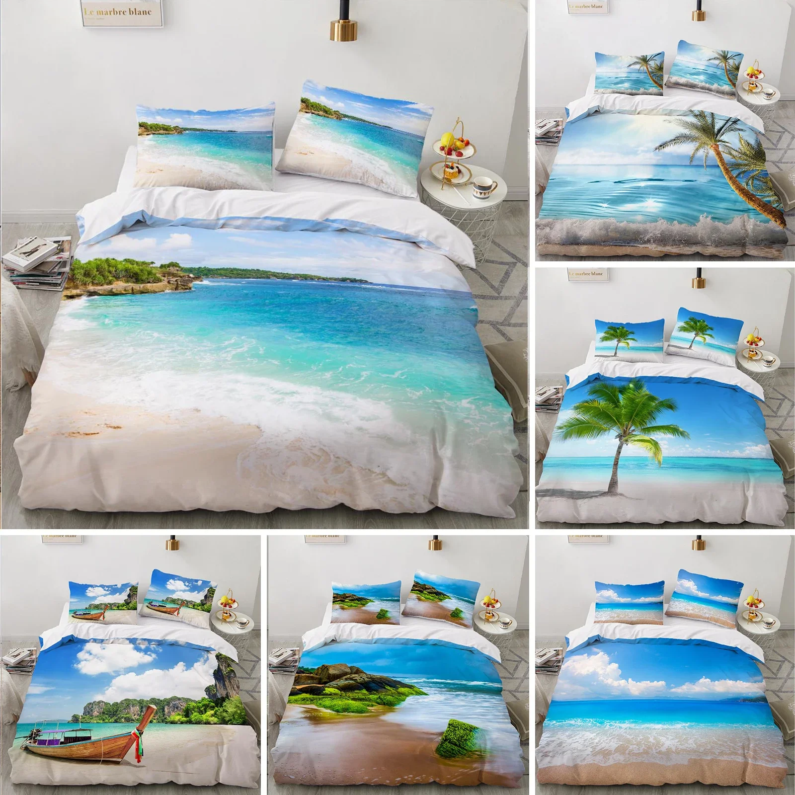 Ocean Duvet Cover Set King Size Polyester Tropic Ocean Style Sandy Shore and Sea with Waves Escape To Paradise Theme Bedding Set