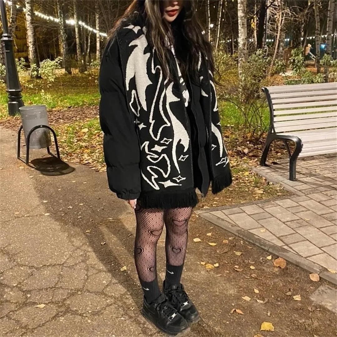 Fashion creative star Demonic Ghost Face striped knitted women\'s scarf men\'s winter scarf apron black tassel luminous Y2K Kpop