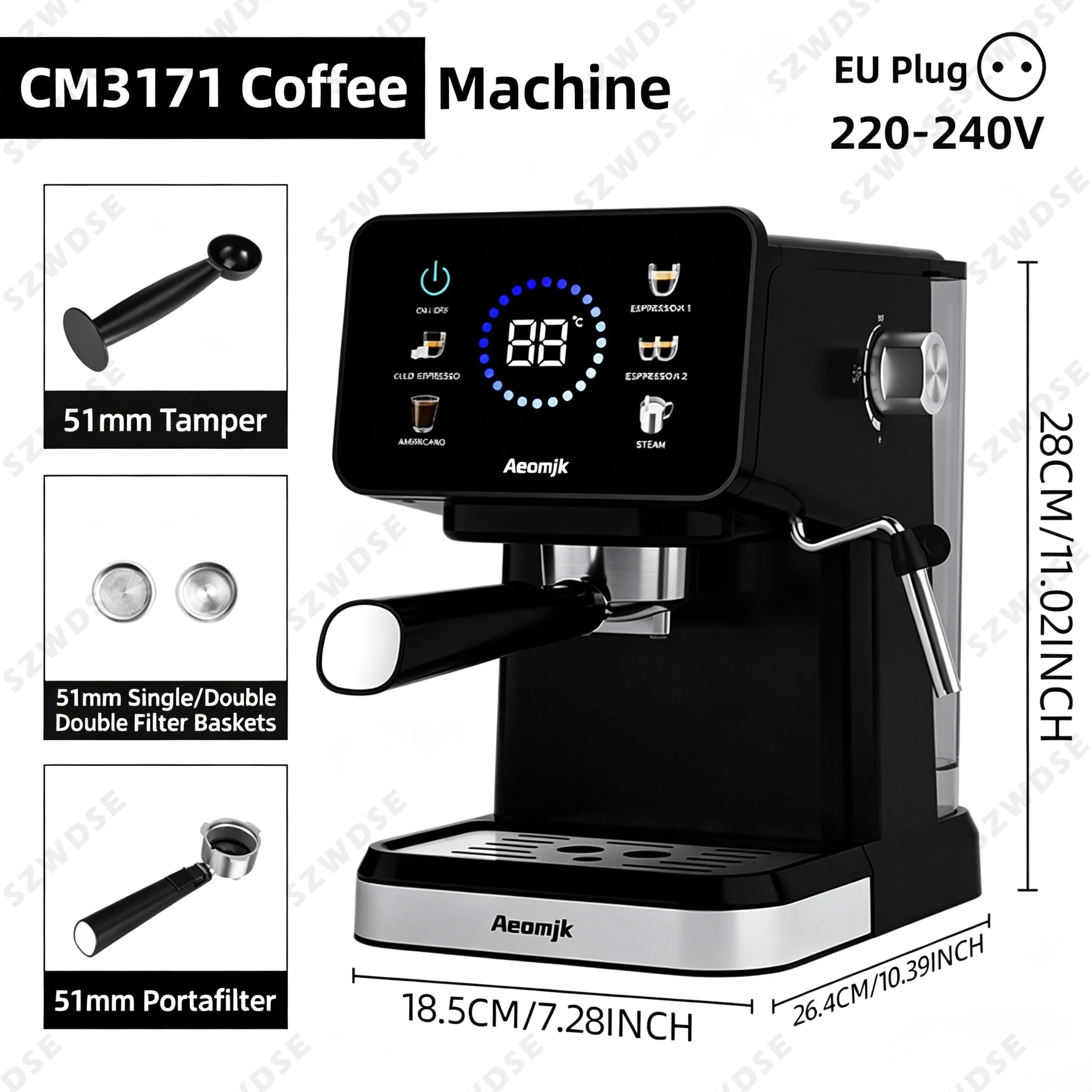 Halfautomatische espressomachine met ingebouwde melkopschuimer. Functie "One-Touch Americano", Regelbare Temperatuur, Cappuccino. Espressoapparaat H13, 20 bar, halfautomatisch Italiaans