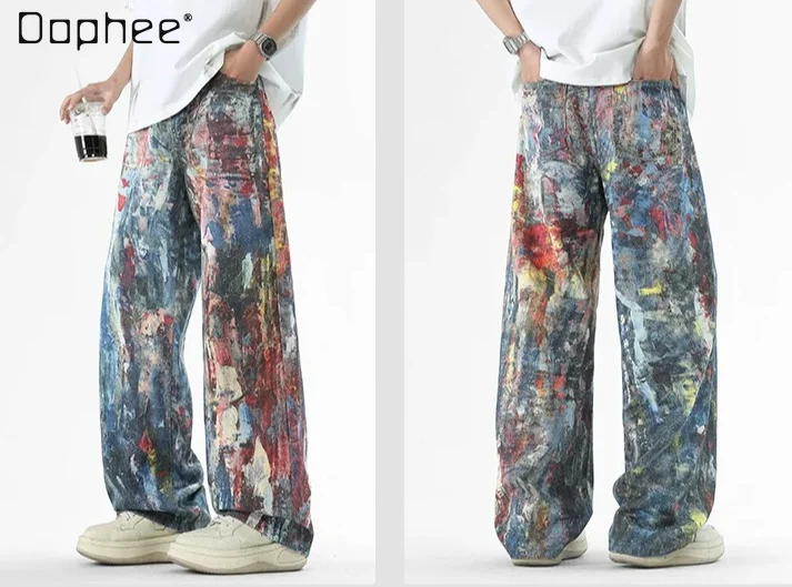 

2026 Summer Fashion Trendy Men's Baggy Jeans Colorful Graffiti Paint Print Wide Leg Pants Streetwear Loose Denim Trousers Men