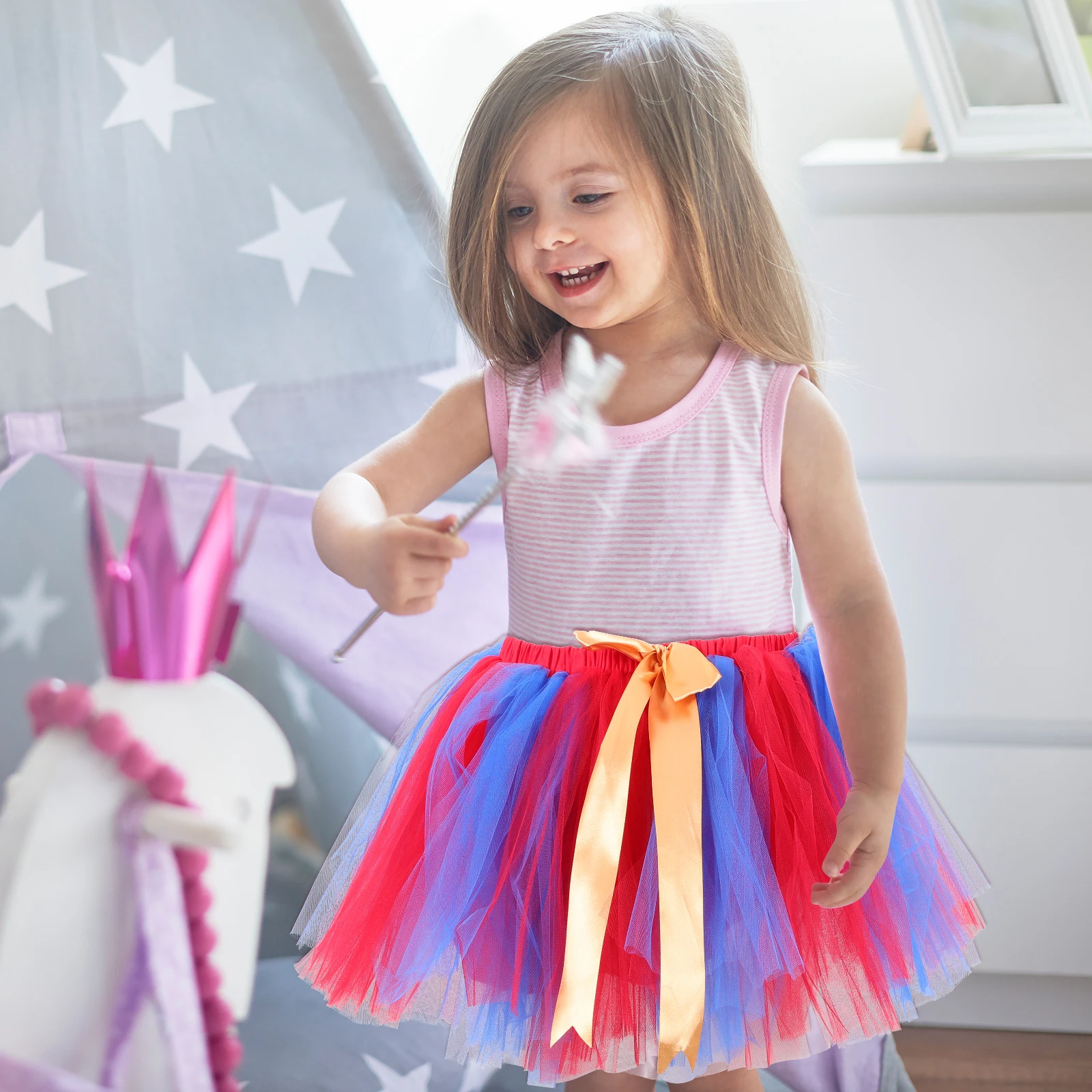 

Colorful Tulle Skirt Premium Polyester Gauze Tutu Dress For Girls Party Bubble Costume Dance Festival Wear Set