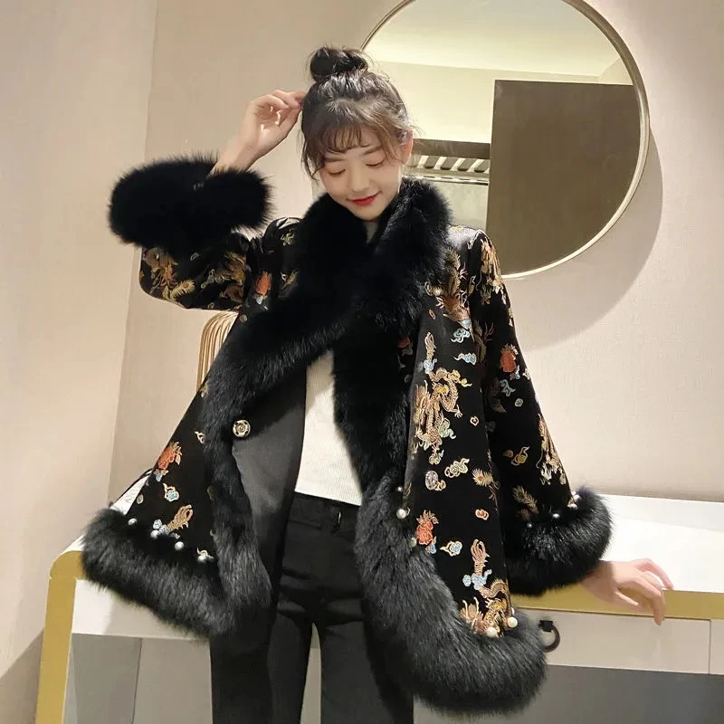 2023 New Female Coat Winter Faux Fur Harajuku Mid-length Beading Tang Suit Cloak Women Jacket Warm Vintage Imitation fox hair