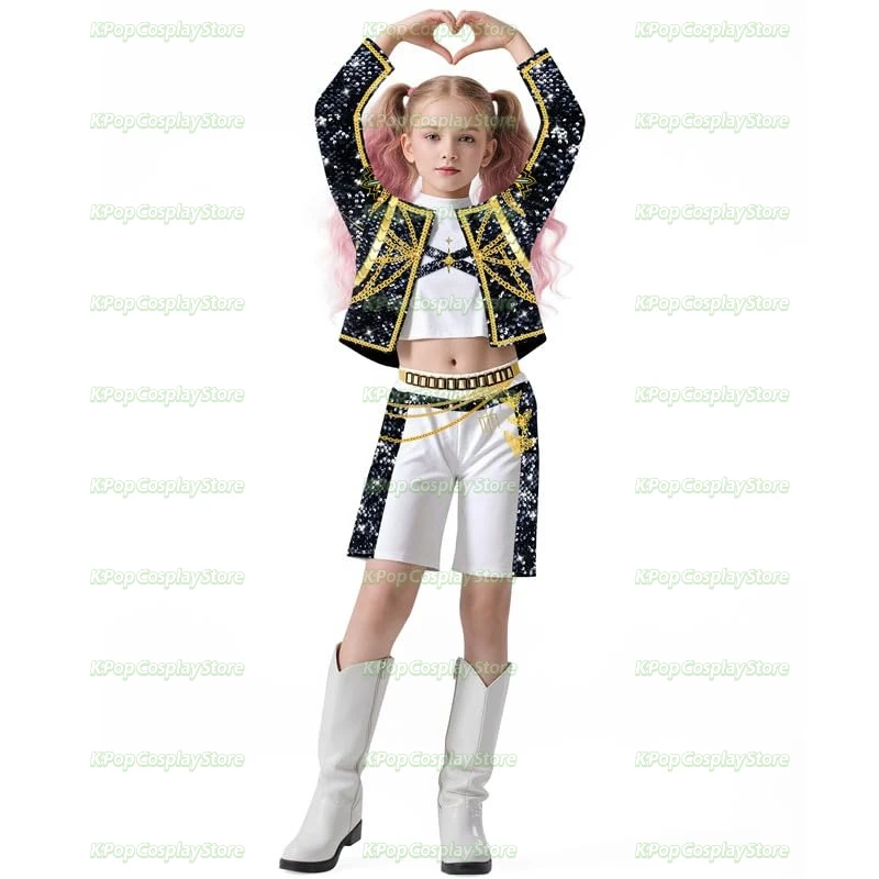 

Kids Anime K Demon Hunter Cosplay Rumi Pop Mira Zoey Cosplay Full Suit Girl Golden White Stage Performance Clothes Halloween
