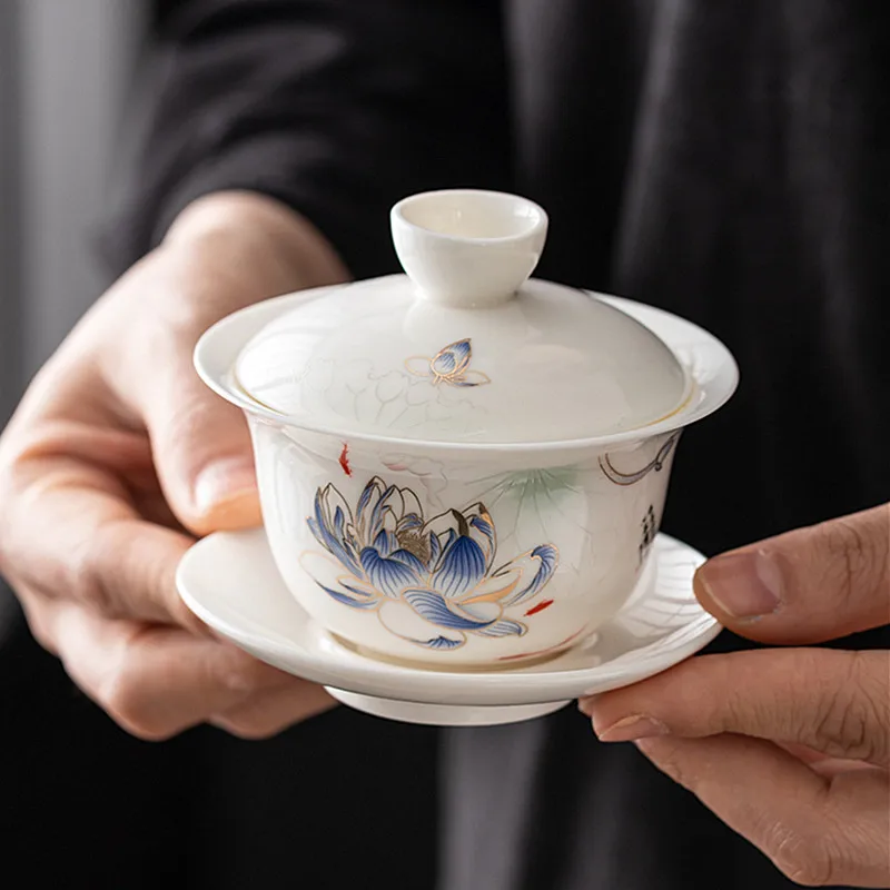 Tetina de té de cerámica pintada a mano, tetera portátil china de tres cai Gaiwan Home, juego de té de porcelana blanca con tapa, taza de té de 140ml