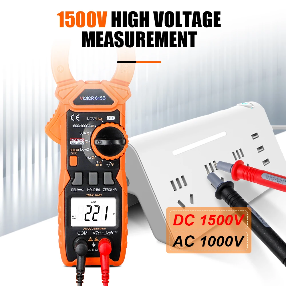 Victor 615B Digital Clamp Meter DC/AC Current 6000 Counts 1500V 1000A Multimeter Large LCD Screen Voltage Tester Car Hz NCV Ohm