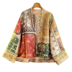 Chinese Style Autumn New O-Neck High-Quality Fashionable Design Spliced Color Printed Concealed Botton Women's Jacket S-XL