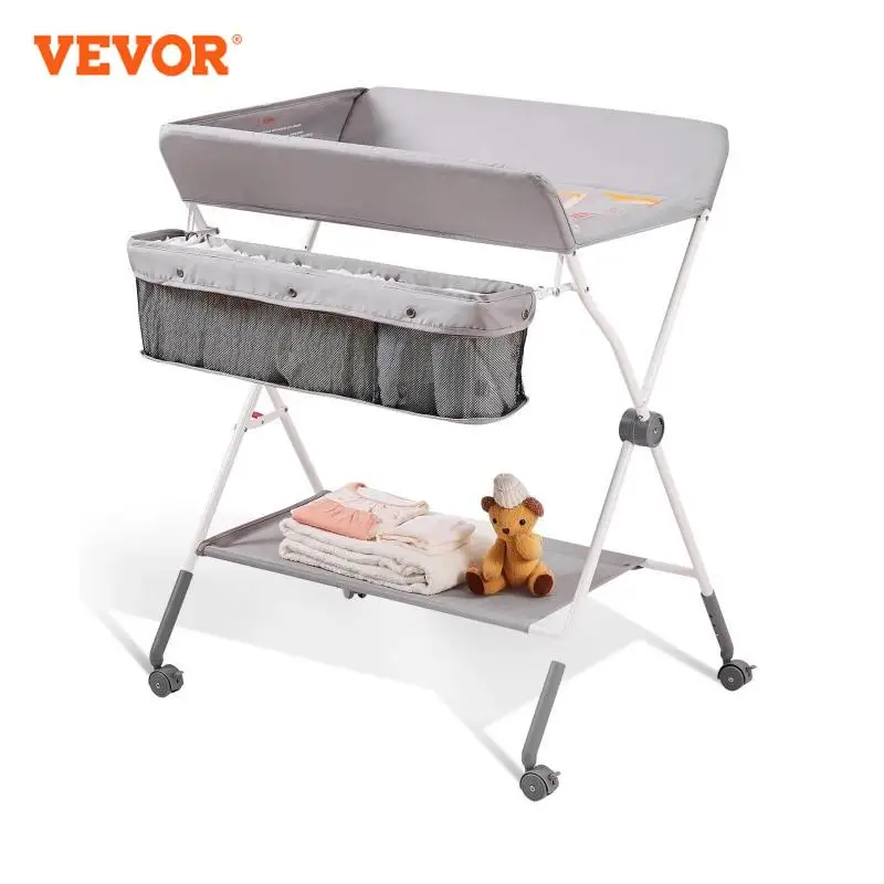 VEVOR Baby Changing Table Folding Diaper Changing Station with Lockable Wheels 3-level Adjustable Heights for Newborns & Infant