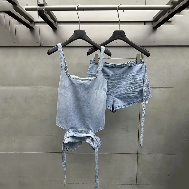 

Women's Backless Tank Top, Casual and Versatile Denim Top, High-Quality Commuter Shorts Set, 2026, New Arrival, Y2K, Shorts