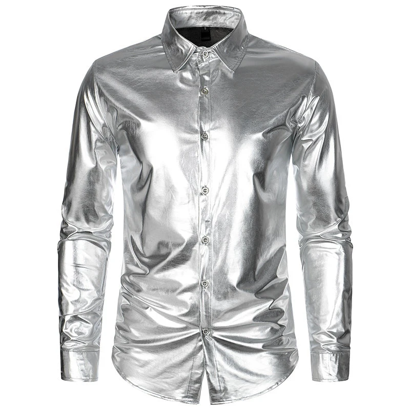 Men's Metallic Glossy Long Sleeve Shirt Gold Silver Nightclub Party Shiny Shirt Vintage Disco Costume