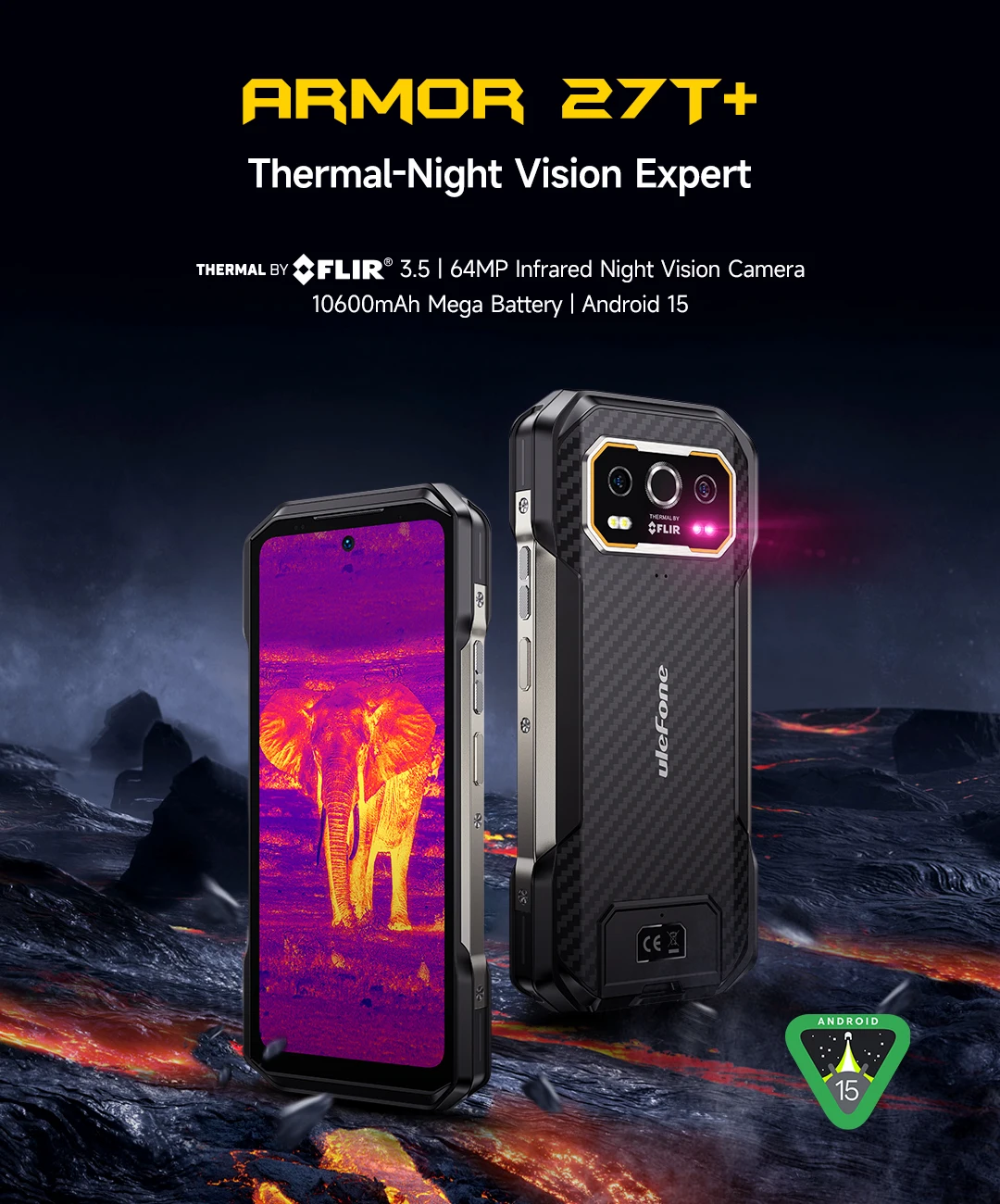 Ulefone Armor 27T+ 4G THERMAL BY FLIR® Rugged Phone 10600mAh Up to 24GB+256GB 6.78"FHD 120Hz Night Vision Android 15 Smartphone