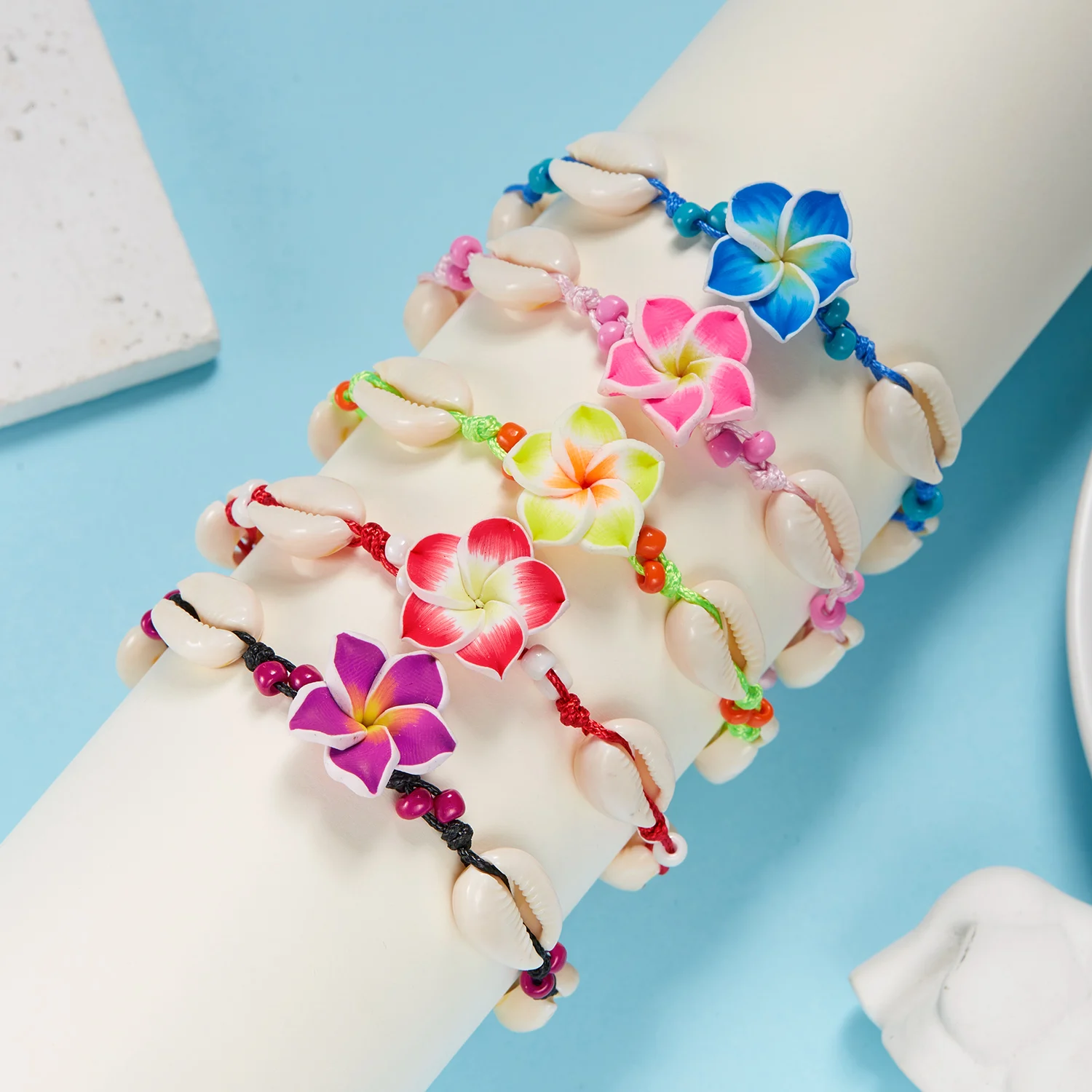 Bohemian Big Flower Sea Shell Charm Bracelets For Women Pink Blue Green Flower Soft Clay Pottery Beaded Bangles Handmade Jewelry view 4