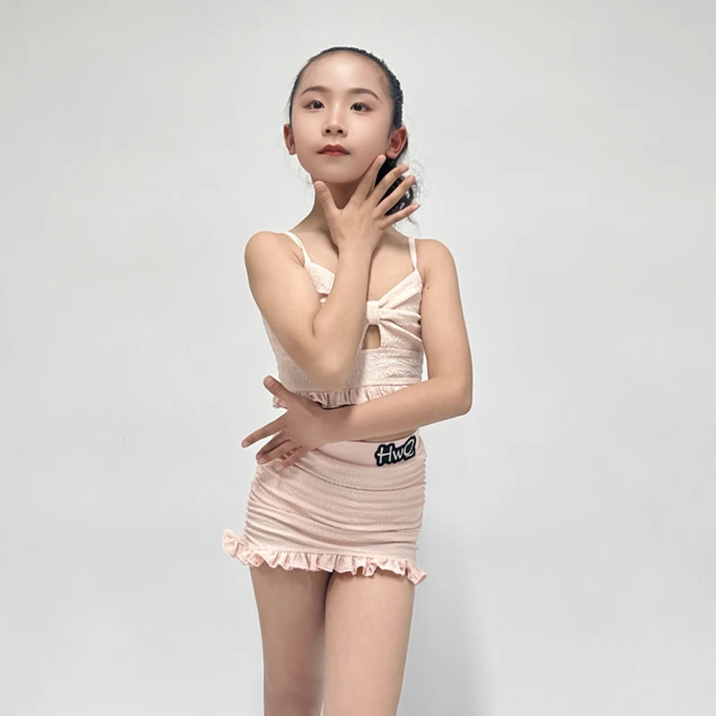 2025 ฤดูร้อนใหม่ชุดเต้นรําละตินเด็กสีชมพูแขนกุดชุดสาว Samba สวมใส่การฝึกอบรมเสื้อผ้า XH2585