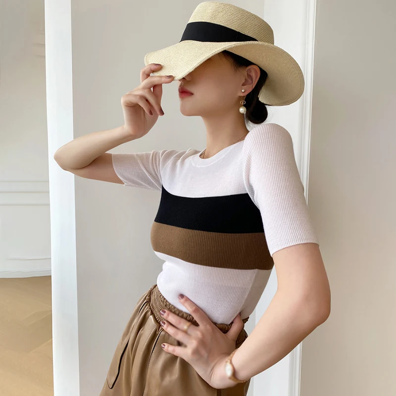 Women's  Tops Stripe Contrast Color Brief Temperament  Casual Fashion Short Sleeves T-Shirt Korean Version O Neck