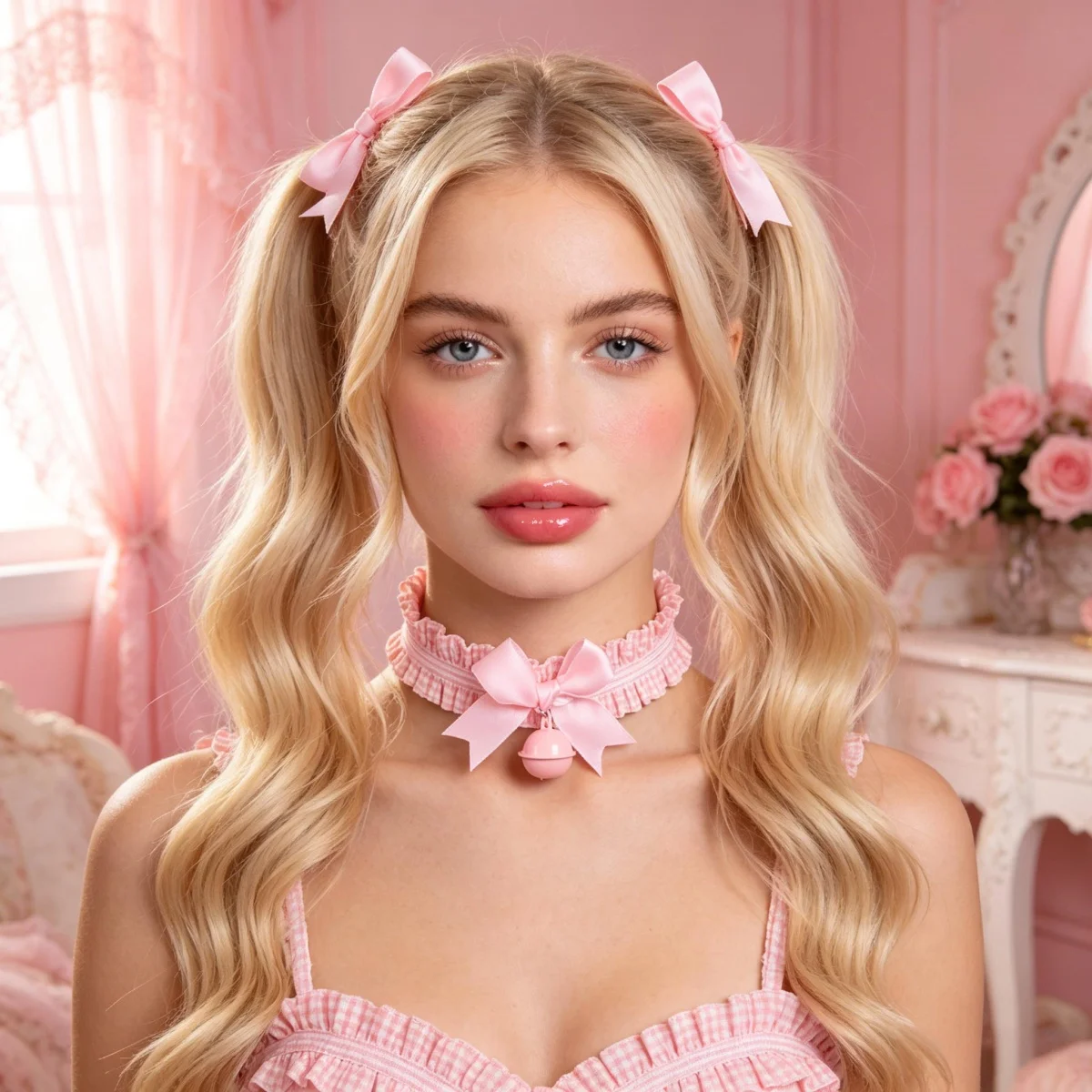 Sweet Pink choker necklace, kitten play collar gear, lace ruffles bows bell, romantic princess Kawaii accessories