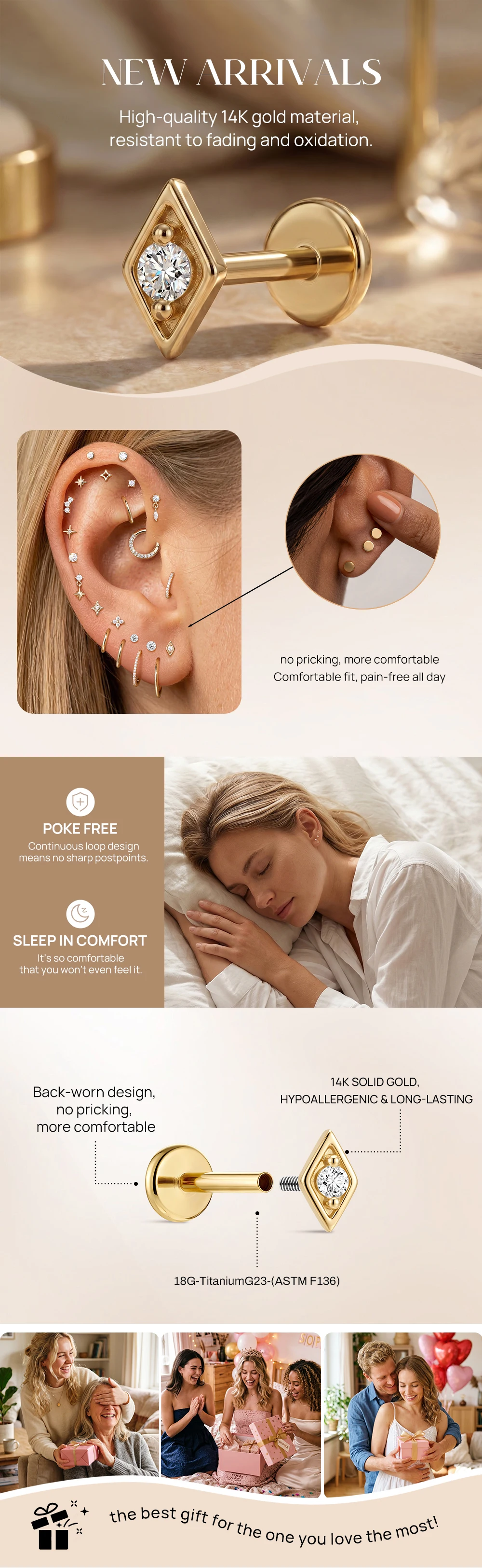 AIDE Mini-Piercing-Ohrringe aus 14-karätigem massivem Gold, glänzend, Herz-/rund-/sternförmig, für Damen, in verschiedenen Größen, klassischer Hochzeits- und Brautschmuck, luxuriöser Schmuck – Detail 19
