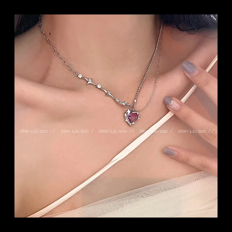 الحلو وبارد كبير الوردي الماس الحب قلادة المرأة الصيف سلسلة عنق الترقوة سلسلة المرأة قلادة 2022 المرأة الجديدة