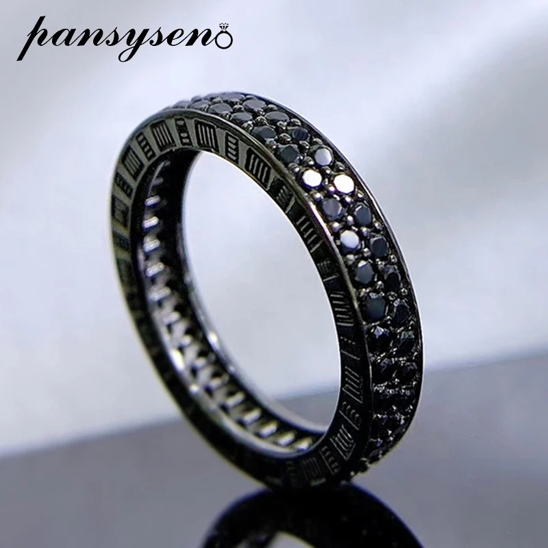 PANSYSEN 100% 925 Sterling Silver Round Cut Created Obsidian Black Gemstone Rings for Women Men Vintage Fine Jewelry Wholesale