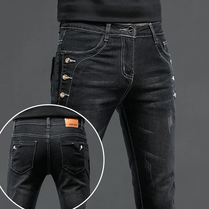 

Pop New Men Slim Korean Button Jeans Black Skinny Solid Color Stretch Multi-button Youth Male Denim Pants Streetwear
