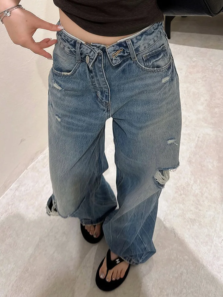 American High Street Vintage Distressed Denim Jeans Women's High Waist Design Sensation Flip Waist Body Long Pants