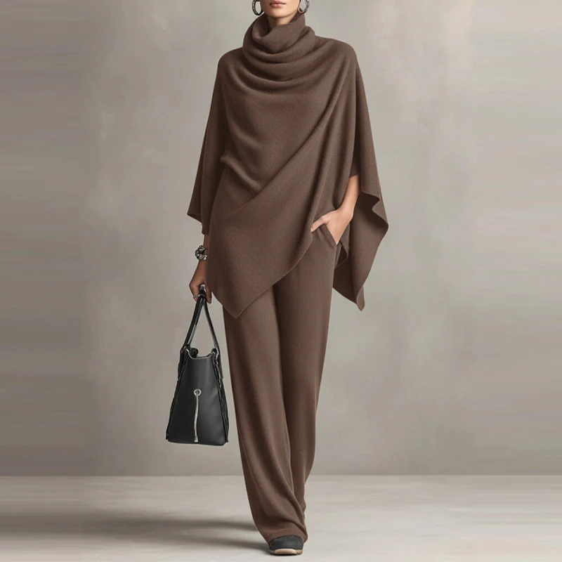 Conjuntos de Tops y pantalones largos con cuello apilado para mujer, trajes informales de manga larga lisos, traje de pierna ancha drapeado elegante, 2 piezas