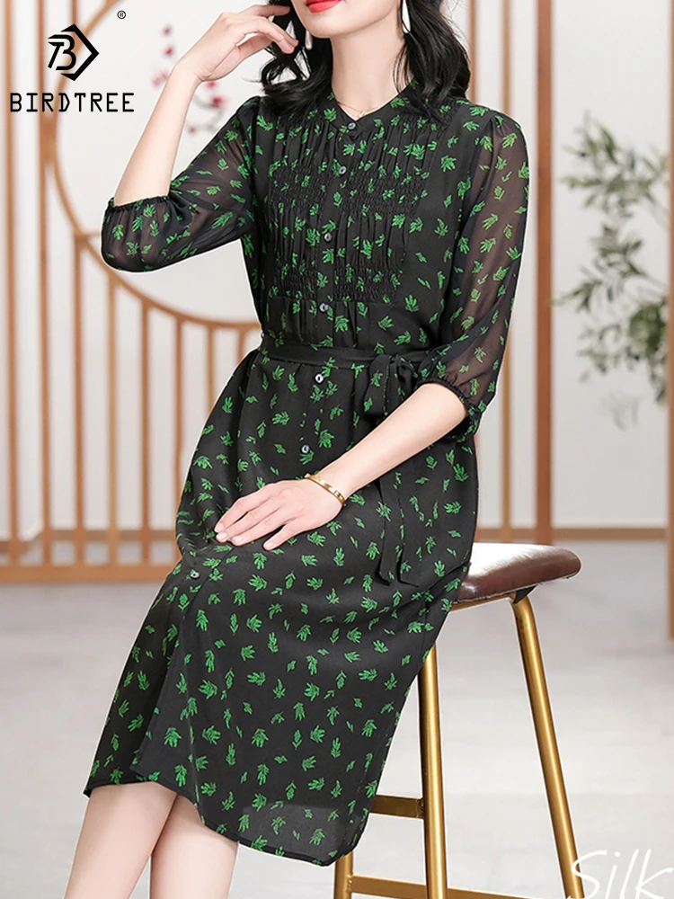 BirdTree 100%Real Silk Plus Size Dresses Women,Stand Neck Half Sleeves,Print Slim Elegant A-line Dress,2024 Spring New D42280QD