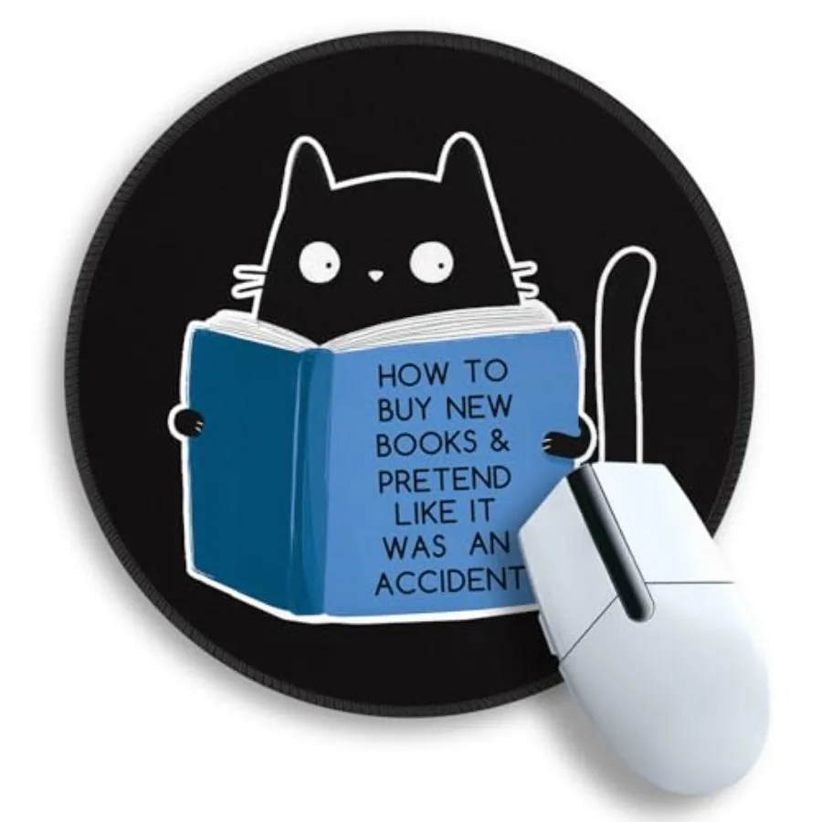 Cute Cat Reading Mouse Pad, 8.6" Round Funny Mousepad with Stitched Edge and Non-Slip Base, Comfortable Mouse Pads for Computer