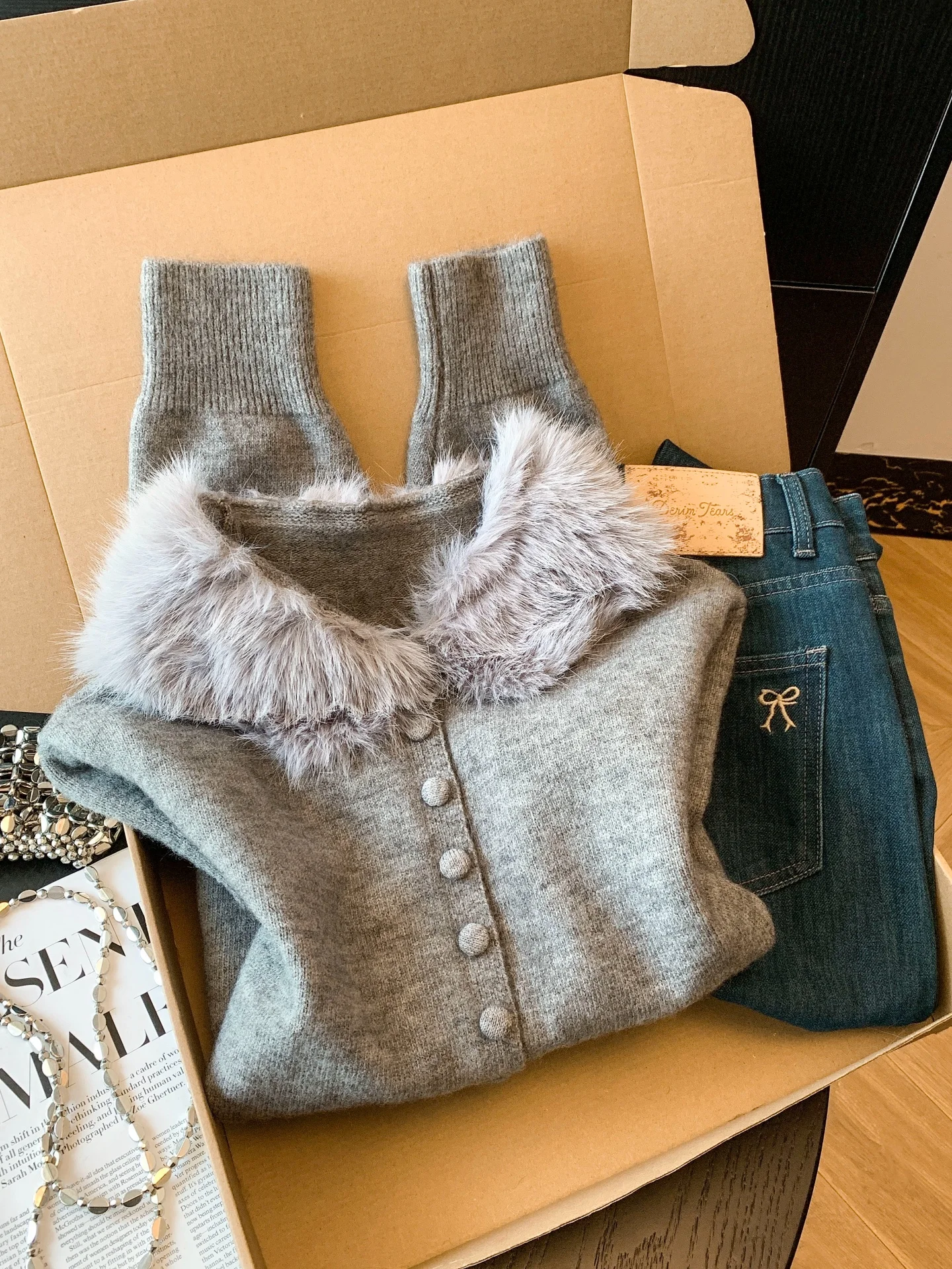 

Korean Sle Women's Knitted Cardigan Coat with Fur Collar Winter Thiened Long Sve High Waist A-Line Skirt Outerwear